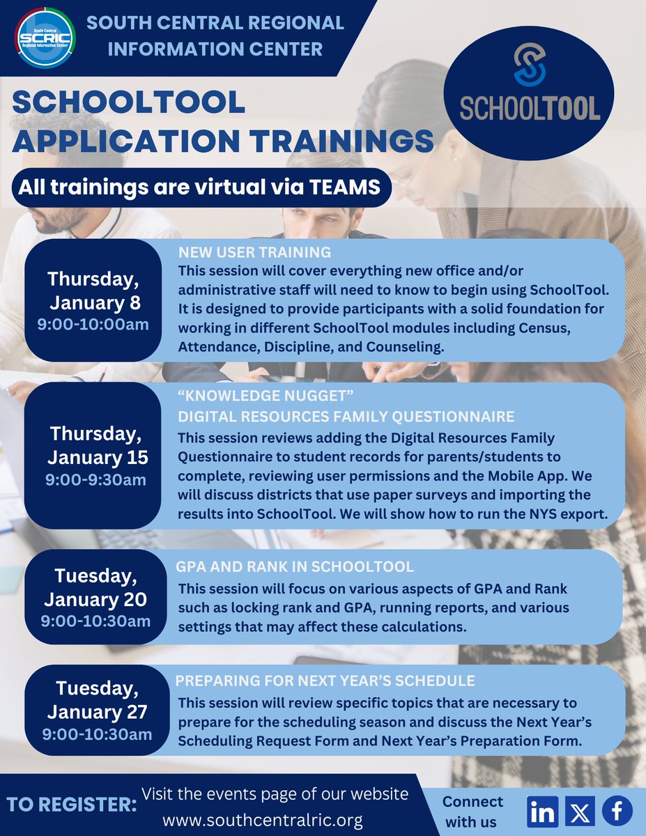 We love supporting our districts by providing regular trainings. Check out our upcoming SchoolTool learning opportunities. For more info or to register, visit: scric.org/page/trainings
#SouthCentralRIC #SchoolSupport #K12 #customerfocused #continuouslearning