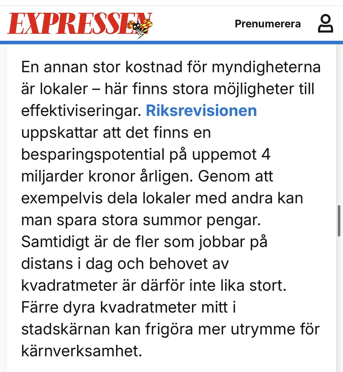 Kristdemokraterna vill i en debattartikel i Expressen att myndigheter ska spara in pengar på lokaler. Jag ser därför fram emot att vinstkravet på offentliga lokaler för bland annat Försvarsmakten och universitet/högskolor avskaffas. Det är skattepengar som bara snurrar runt.