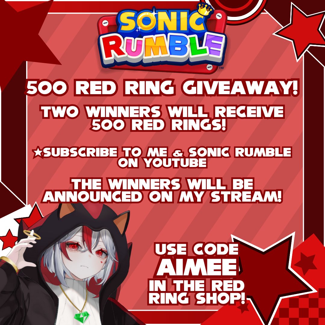 Aimee_exe_'s tweet photo. ✨SONIC RUMBLE 500 RED RING GIVEAWAY!✨
It's the end of 2025!! 
To celebrate the end of one year and welcoming another, I'm doing another red ring giveaway!
❤️Subscribe to me and @Sonic_Rumble on YouTube!
Don't also forget to use my creator code "AIMEE" in the red ring shop!
#SonicRumble
I'll be announcing the winners on stream on the 31st of December!
