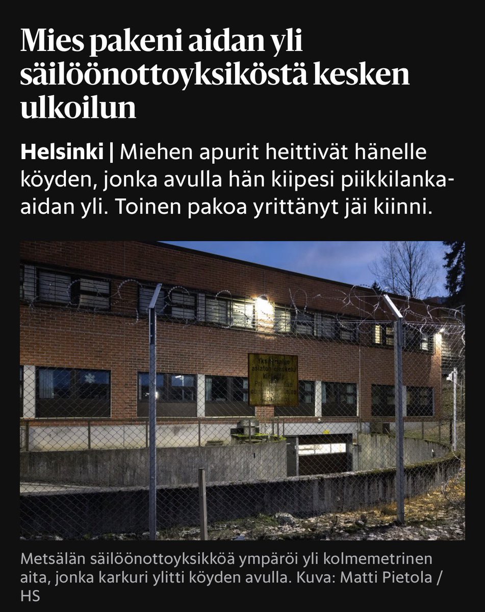 Annoin vinkin tästä tapauksesta HS:lle, kuulin tapauksesta omalta tuttavaltani. 

Metsälän säilöönottoyksikössä on tapahtunut pako, missä kaksi arabitaustaista miestä on yrittänyt epätoivoisesti paeta, heillä oli kummallakin muutaman päivän sisällä tulossa voimaan karkotuspäätös.
