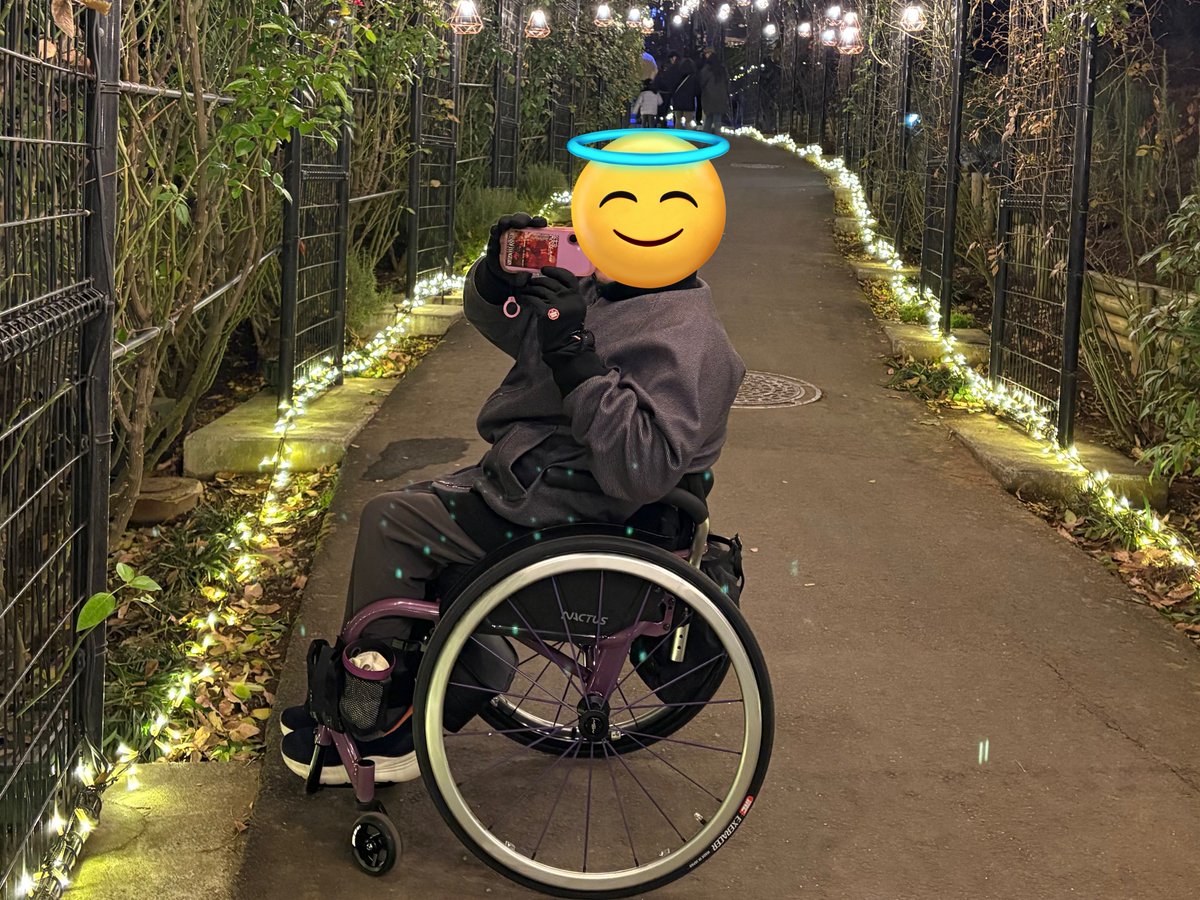 youki_GZ20's tweet photo. 昨日、イルミネーション見に行った時に妻に撮ってもらった。オープンフレームのシンプルさと、片持ちキャスターフォークがカッコいいね。
#rigidwheelchair #NACTUS #wheelchairuser https://t.co/yzEoWAhGVD