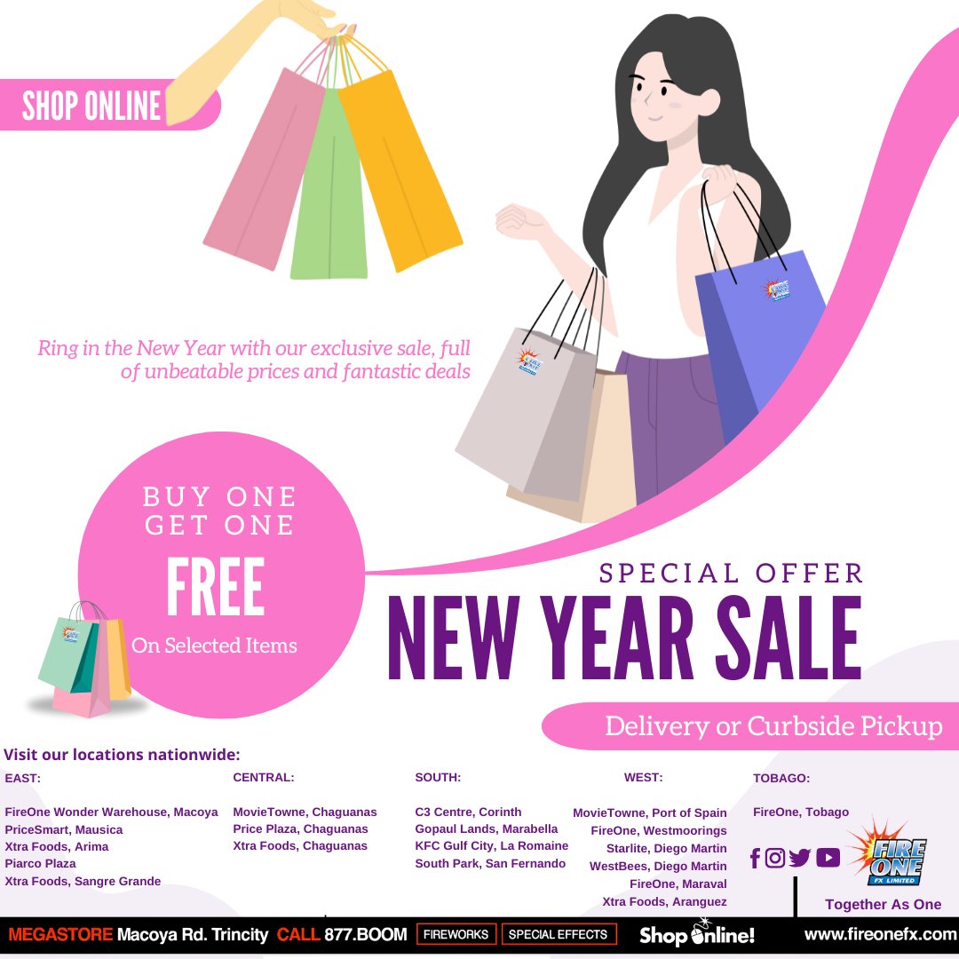 fireonefirework's tweet photo. NEW YEAR SALE 💥
Start 2026 with BIG savings! 🎉
Enjoy BUY ONE GET ONE FREE on selected items. It's a sale you won’t want to miss. 😃
#CelebrateSafely #CountdownToMidnight #fireonefireworks #trinidadandtobago #fireworks #togetherasone #2026NewArrivals #LightUpTheSky https://t.co/IA5mVgVNTg