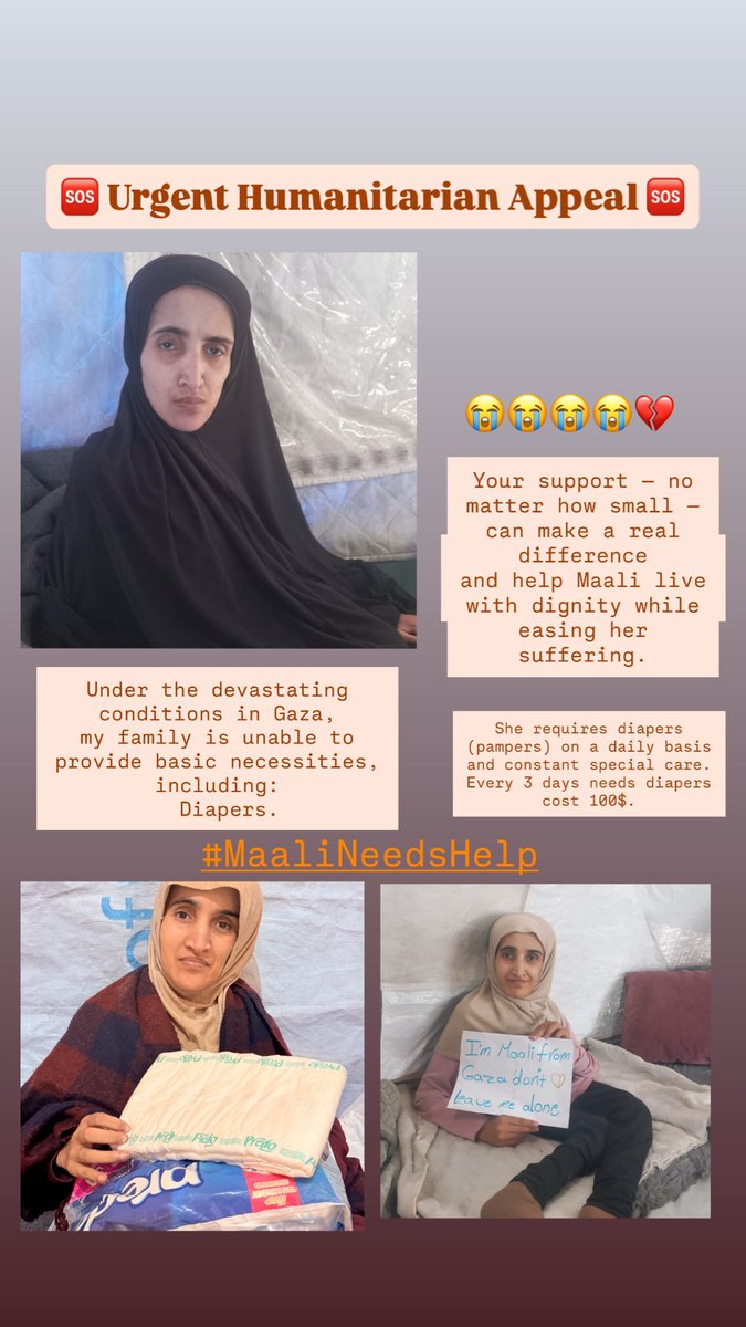 malakjamil20's tweet image. Hi my friends,
I post every day about my situation, my family, and Maali. We need your help ,we are relying on you.

Our most urgent need is Diapers for Maali (a basic human necessity).
No organizations are providing them for us, and I am buying them myself.
The cost is around…