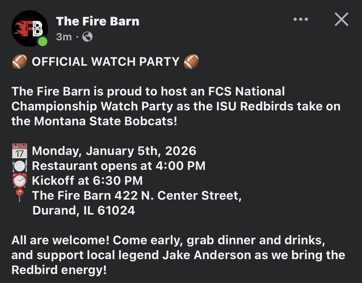 DuPecRivermen's tweet photo. The Fire Barn is opening up on Monday January 5th for an FCS National Championship watch party! Come down and support 2022 DP alum and ISU defensive tackle @JakeAnderson597 as @RedbirdFB takes on Montana State!

@NUICFootball @NUICAllAccess @DuPecATC @DurandCUSD322 @Pec_Cusd321 https://t.co/I5GN3Iq7JI