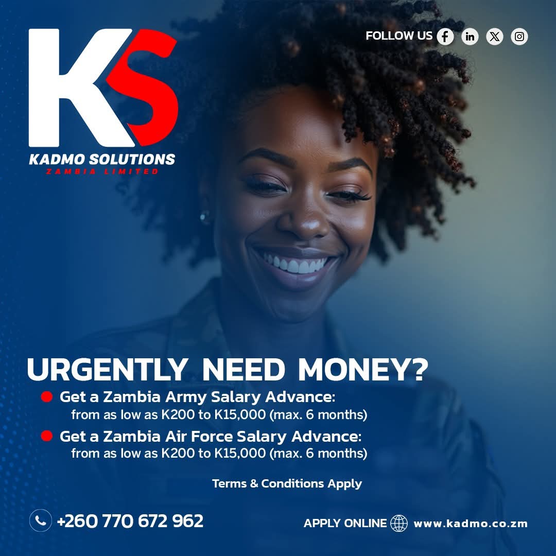 Zambia Defence Forces Loan.

Whether it’s for a home, education, or personal emergencies, we’ve got you covered. APPLY ONLINE NOW on kadmo.co.zm or contact our customer care team on +260 974 226 577 

#NewWeek #GatewayToFinancialSolutions #KadmoSolutions