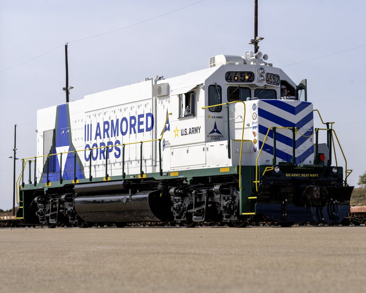 iiiarmoredcorps's tweet photo. Psst… y’all got an electric train?
Didn’t think so. 😎
Fort Hood is officially home to the U.S. Army’s first-ever all-electric locomotive.
Innovation stays on track here 🚆⚡
READ ARTICLE: https://t.co/tAy4gcuVAP
#IIIArmoredCorps | #PhantomCorps | @USArmy https://t.co/YZkFggECQL