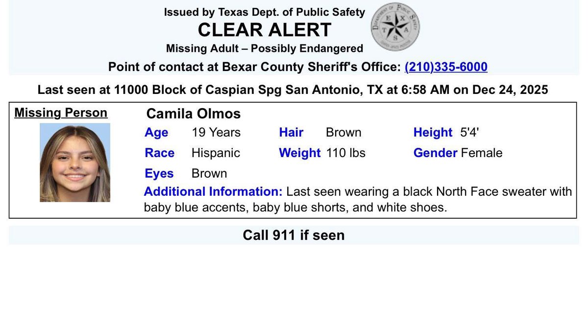 901Lulu's tweet image. Camila ‘Cami’ Mendoza Olmos (19) is considered to be in imminent danger as she remains missing from San Antonio, Texas. 

Federal authorities, including the FBI and the Department of Homeland Security, are assisting in the search by monitoring border crossings and international…