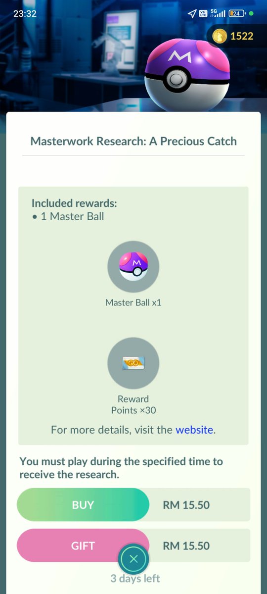 leecheeyung's tweet image. ⚠️ 3 day left... to get TICKET — Masterwork Research: A Precious Catch (RM15.50 🇲🇾) at Shop!

LIMITED-TIME ONLY at Pokémon GO Web Store.
(Same price &amp;amp; get more extra items)

** Screenshot: 11:32pm, Mon, 29 Dec 2025 (🇲🇾 GMT+8)

#PokemonGO
#MasterworkResearch
#MasterBall

=====