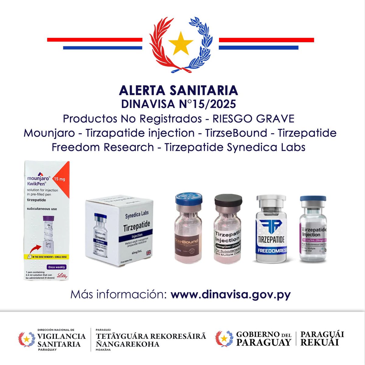 Ahora_Py's tweet image. ALERTA SANITARIA: DINAVISA ADVIERTE SOBRE PRODUCTOS ILEGALES.

DINAVISA informó la comercialización no autorizada en Ciudad del Este de productos que declaran contener tirzepatida (como Mounjaro y otros), sin Registro Sanitario en Paraguay. Su uso representa un grave riesgo para