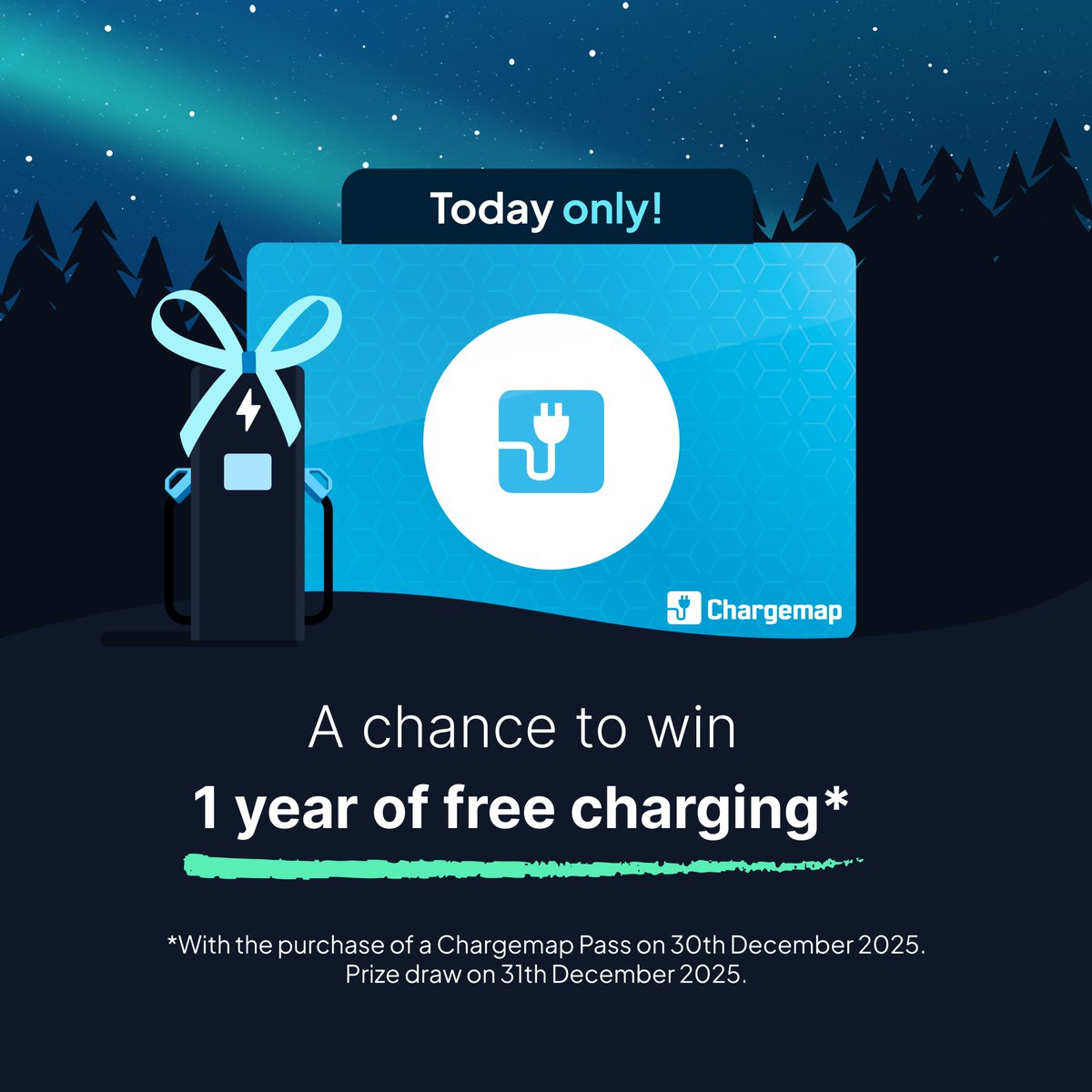 Chargemap's tweet image. ⏱️ Today only! 

Did you miss our last limited-time offer?  
Here’s your final chance! Don’t miss out while there’s still time… 

Order your Chargemap Pass and enter the draw to win 1 year of free charging ⚡️

With the Chargemap Pass, travel across Europe freely with access to…