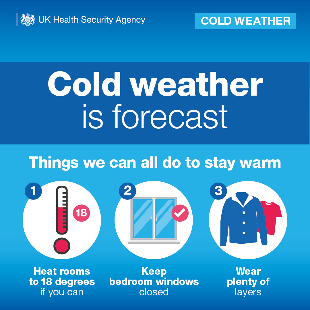 hantsconnect's tweet photo. There’s a @UKHSA yellow #ColdWeather health alert for our region until 12pm, 5 Jan. Follow these NHS top tips:
📷 Try to keep rooms to at least 18°C
📷Wear layers
📷 Check in on neighbours, friends, or family who might need extra help
https://t.co/skyPjcj4NG https://t.co/u2Gt1T2B3h