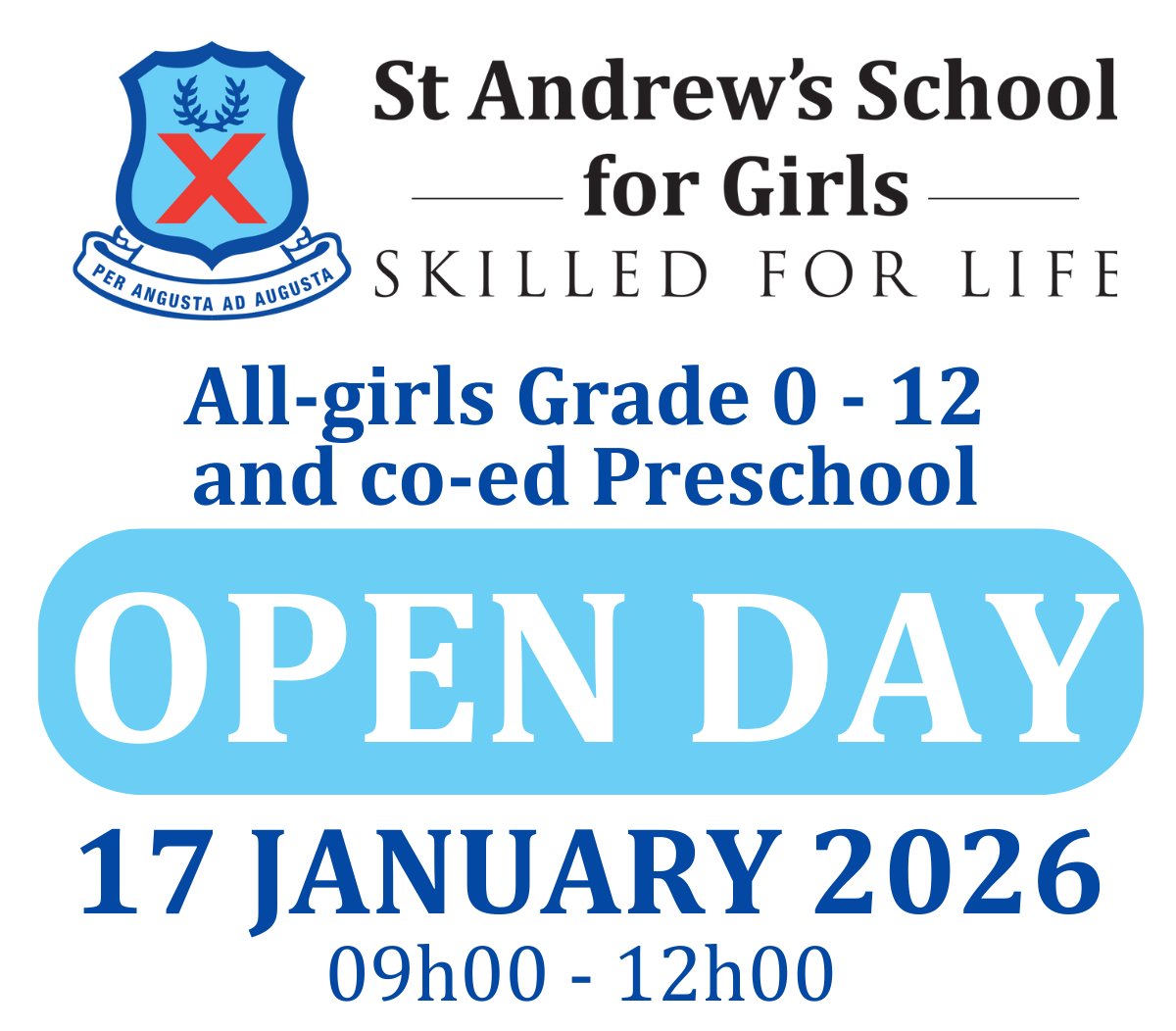 We invite you to our Open Day where you can view the beautiful campus and state-of-the-art facilities. 

*DATE*
Saturday, 17 January 2026

*TIME*
09h00– 12h00

Pre-registration link - St Andrew's Open Day 2026 | Pre-registration  – Fill out form