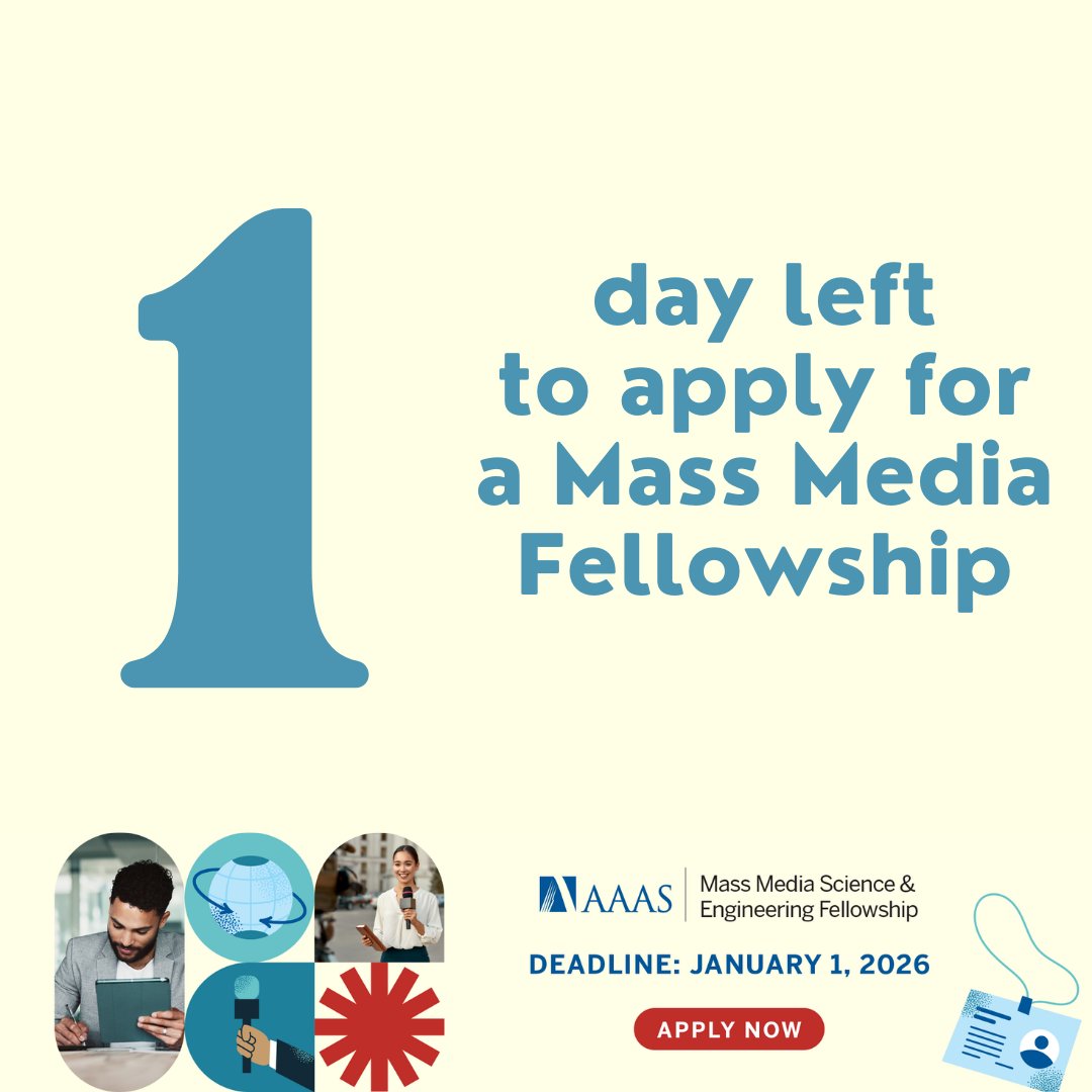 🚨 One more day until the MMF 2026 application closes! Have you pressed submit? Last chance to apply to be a part of the 51st cohort of #MassMediaFellows is January 1st, 2026 at 11:59 P.M. ET. 
🔗 bit.ly/3KugH6D
