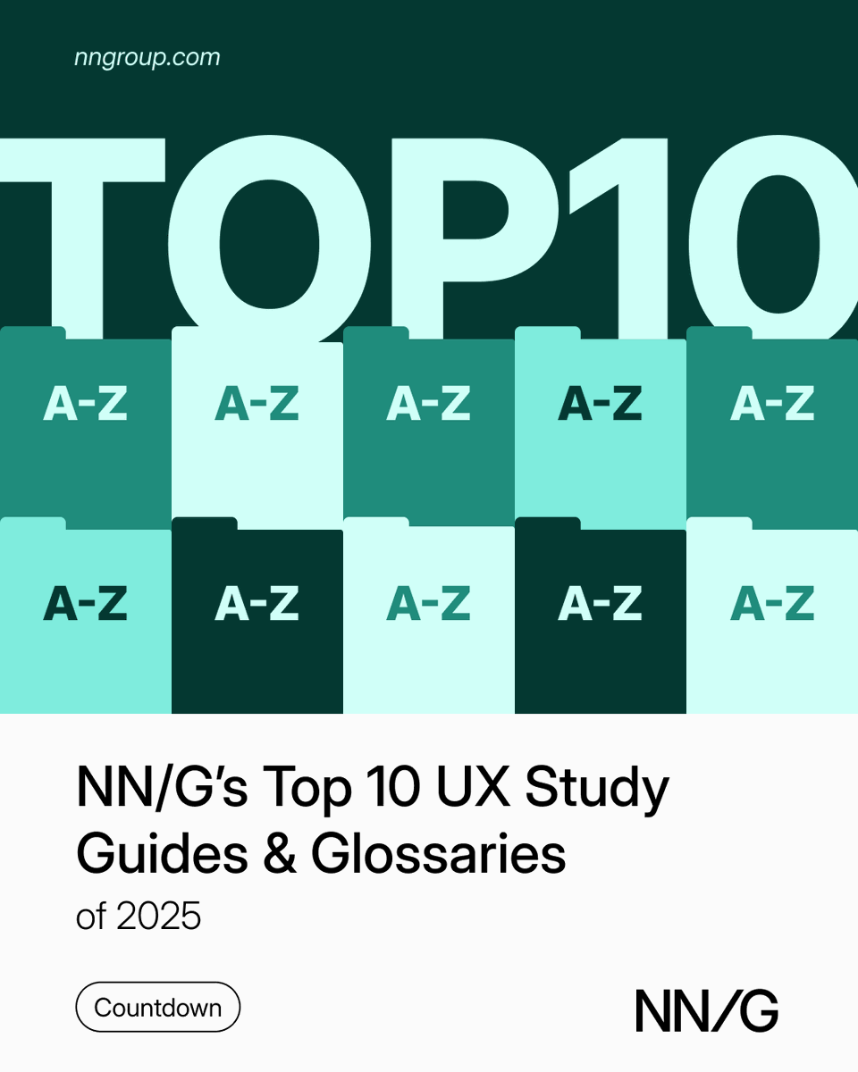 NNgroup's tweet image. 2025's most-used UX study guides tell the story: you prioritized fundamentals (UI elements took #1) while integrating AI into your practice. 

See the full top 10: bit.ly/4p08h5t

#UX #UXResearch