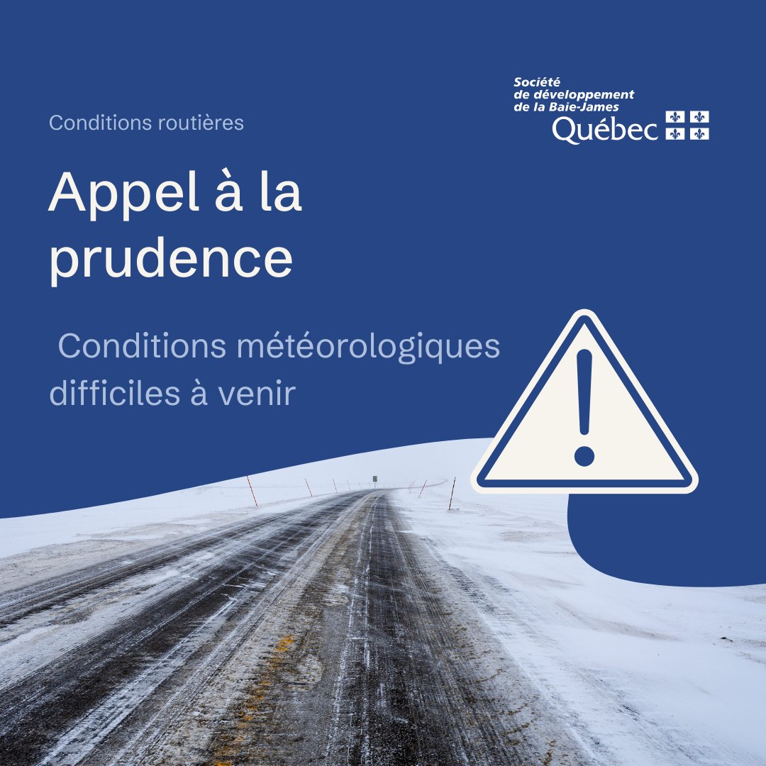 ⚠️ Appel à la prudence
Une alerte orange est en vigueur de l’Abitibi à Matagami (poudrerie, visibilité très réduite).
Même sans alerte officielle sur la Route Billy-Diamond, des mesures de prudence sont en place.
Limitez les déplacements non essentiels. ❄️