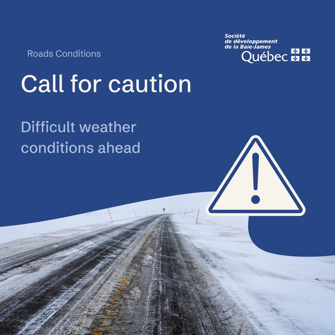⚠️ Call for Caution
An orange weather alert is in effect from Abitibi to Matagami (blowing snow, very limited visibility).
Even without an official alert on the Billy-Diamond Road, precautionary measures are in place.
Limit non-essential travel. ❄️