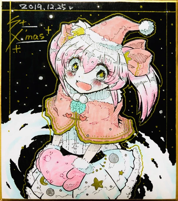 ここら辺多分6年くらい前にアナログで線画描いてデジタル着色始めた頃の絵だ～ 3枚目はアナログ色紙だにぇ!! 今見ると雑!!