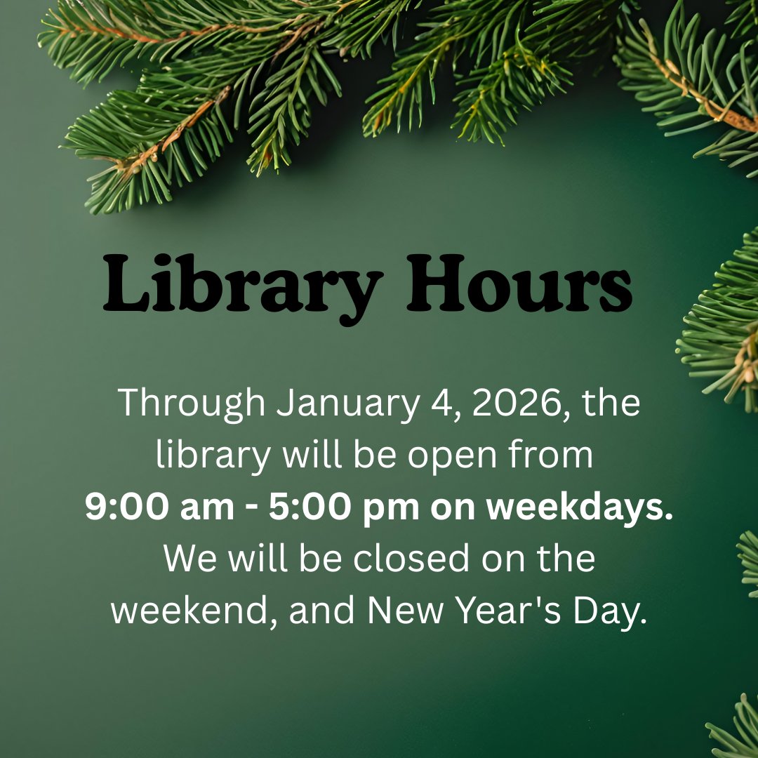 Happy Holidays! This week we will be open from 9:00 am - 5:00 pm on weekdays. We will be closed on the weekend, and New Year's Day.