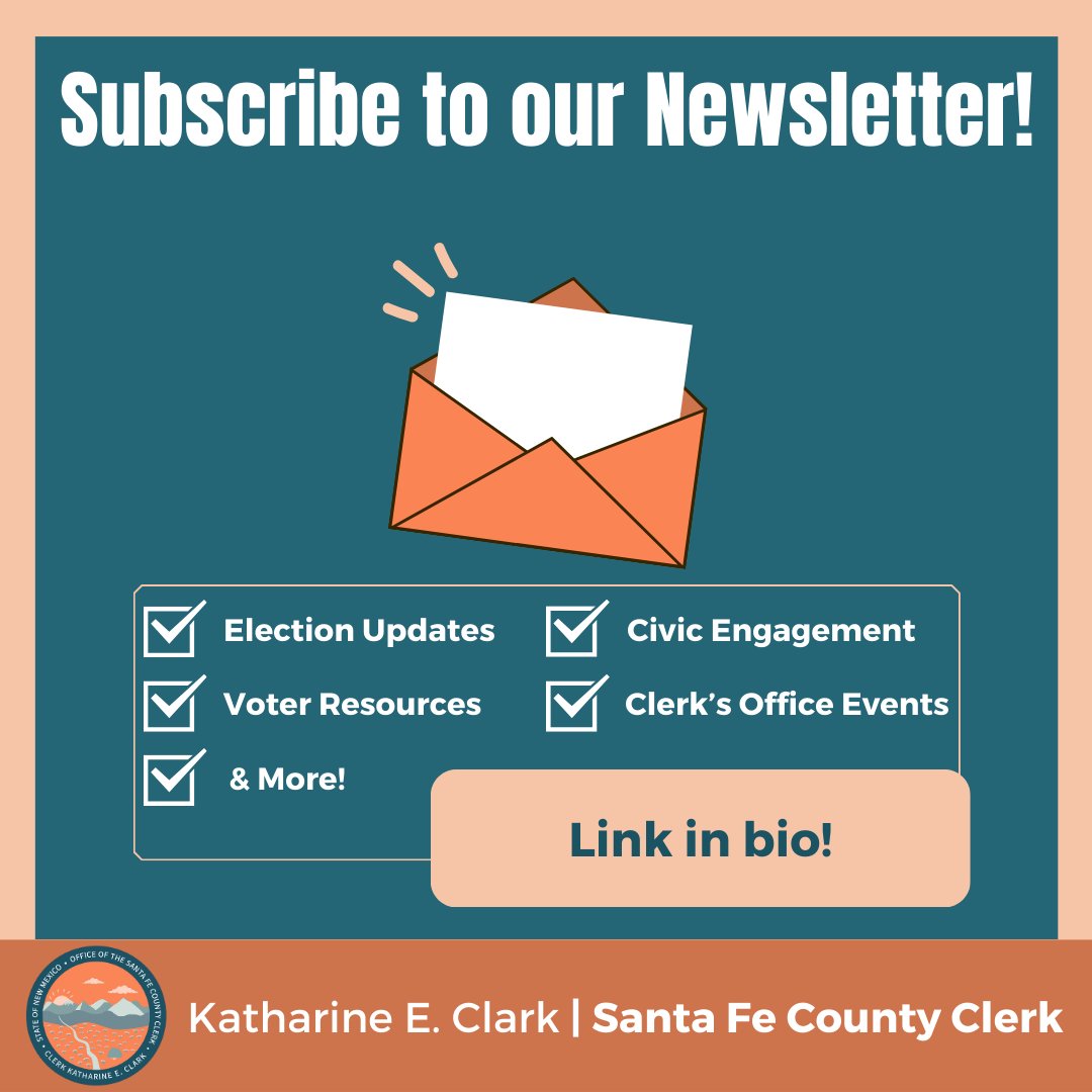 Stay in the loop, Santa Fe County! 

Get election updates, voter resources, and upcoming Clerk’s Office events delivered to your inbox.
Subscribe via the link in our bio.

#SantaFeCounty
#SantaFeNM
#NMvotes
#CivicEngagement
#VoterInformation