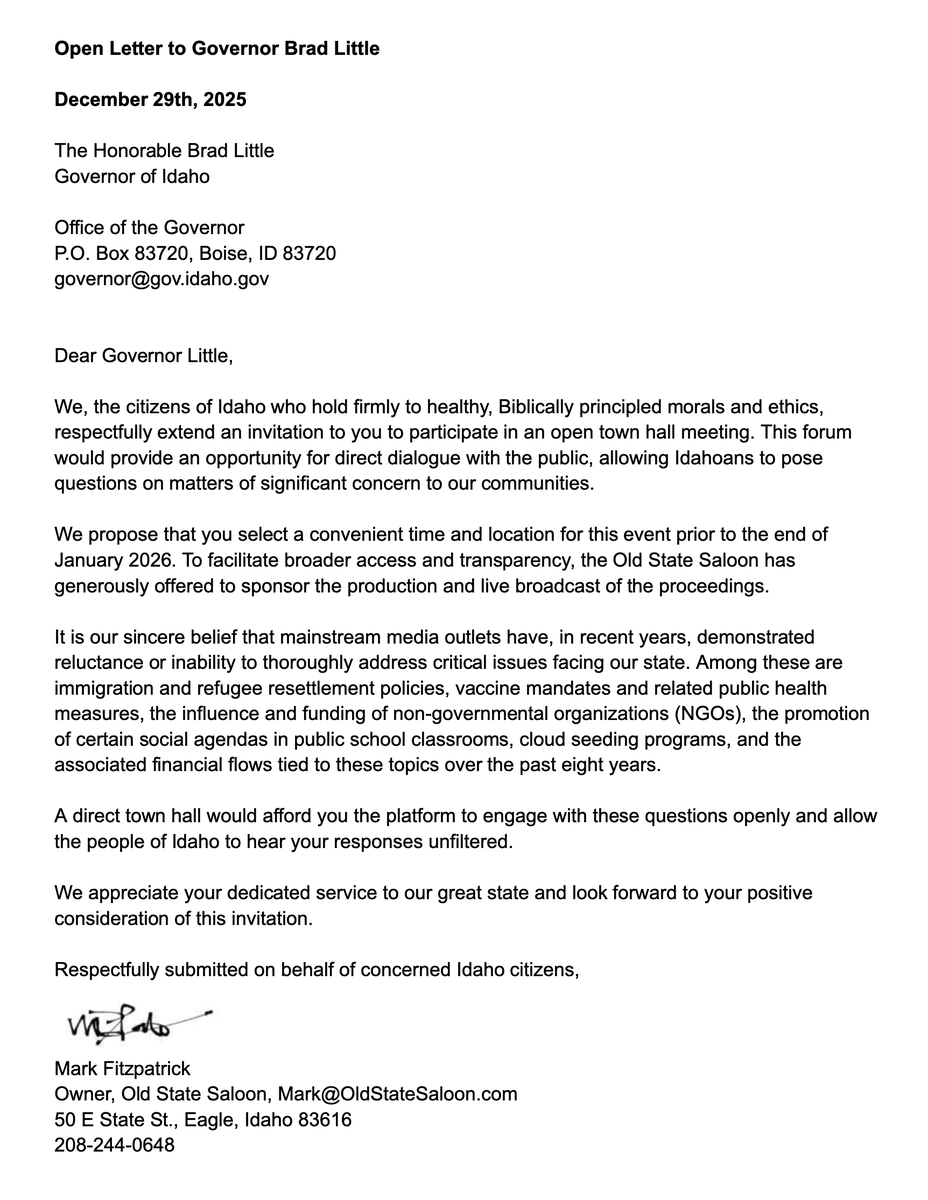 An Open Letter to <a href="/GovernorLittle/">Brad Little</a>.  Meet with us.

1. Please like and retweet.
2. Call his office and ask for a response. (208) 334-2100
3. Email same:  governor@gov.idaho.gov
4. Be persistent. Follow up.