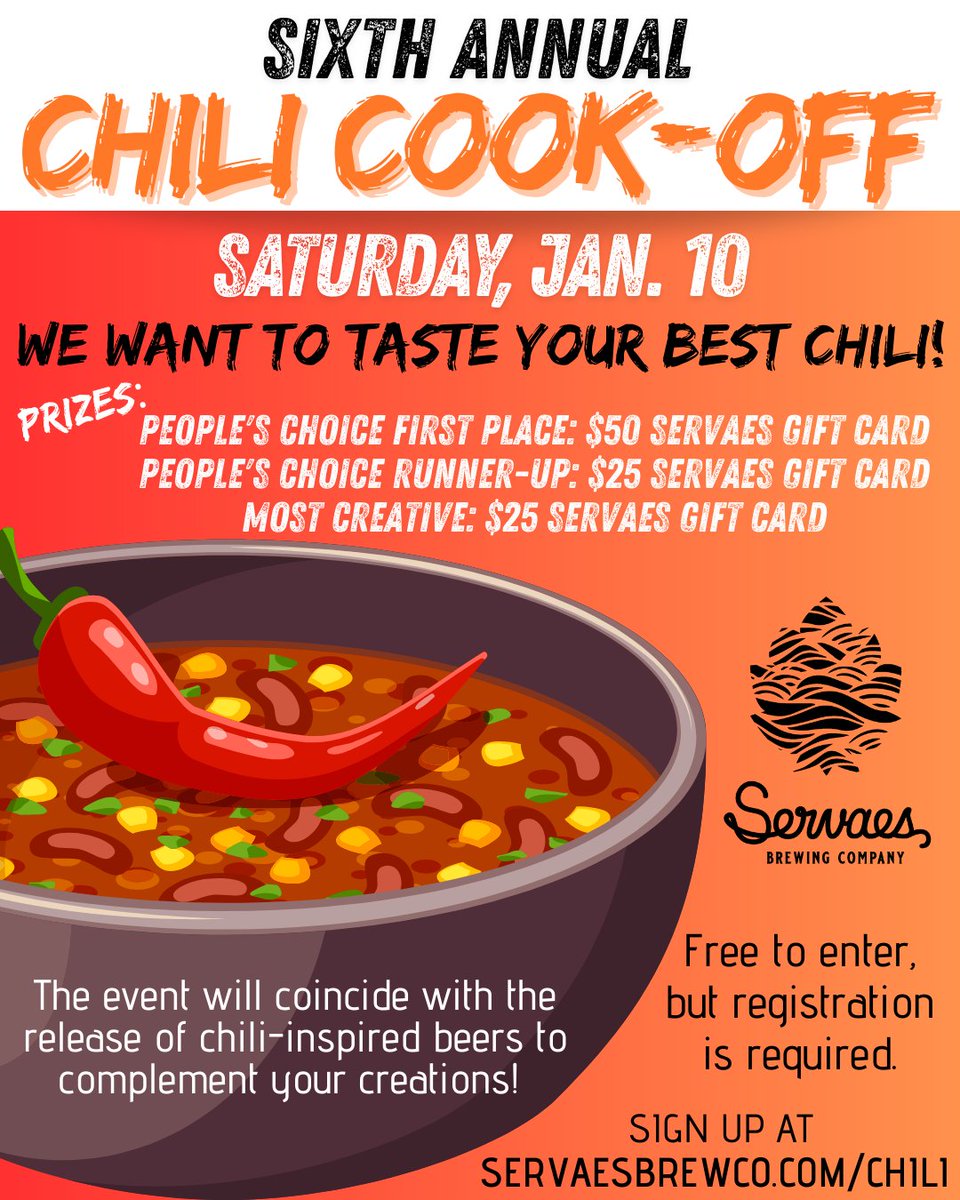 ServaesBrewCo's tweet image. Our sixth annual Chili Cook-Off is set for Saturday, Jan. 10! 🌶️🍺 Got a go-to chili recipe you swear by? We want to taste it! 🌶️ Entry to compete is free, but registration is required. Sign up at servaesbrewco.com/chili. Spots are limited!🌶️