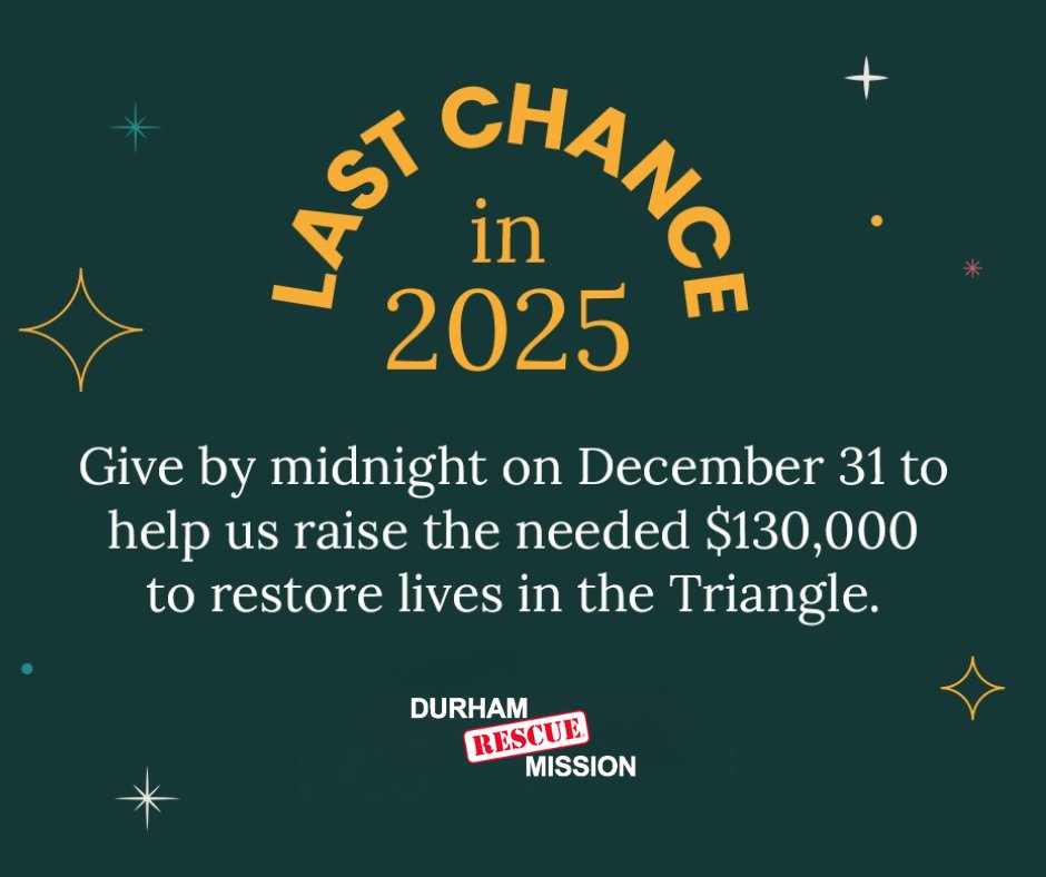 ⏳ Last chance to give in 2025!
Help us reach our $130,000 goal by midnight Dec 31 to provide meals, shelter, and recovery for neighbors in need. 💙
Donate now → durhamrescuemission.org/insight/?form=…