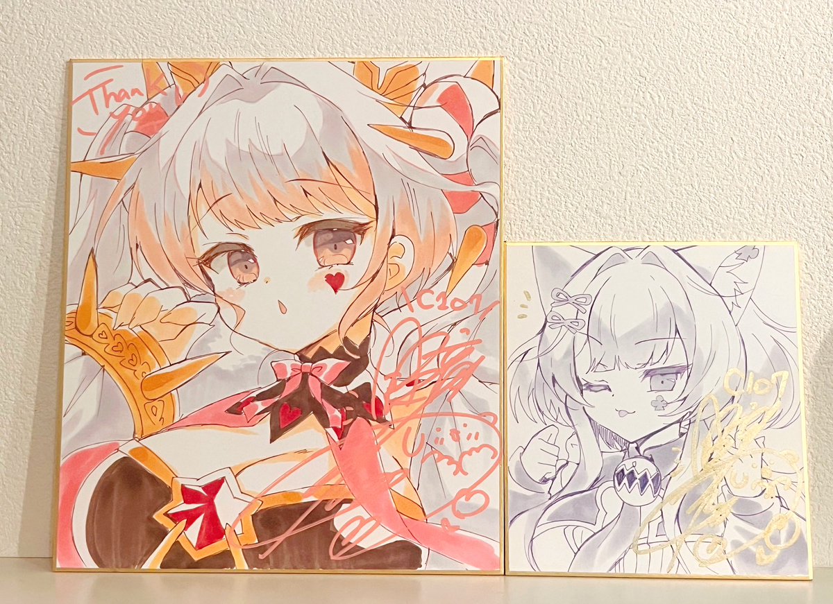 #C107 冬コミ1日目色紙まとめ✒️
❤️1枚目💜抽選用色紙
ホワイトラビット、チェシャ
🩷2〜3枚目🤍頒布用色紙(大)
ホワイトラビット、シトリスの蟲惑魔
💛4枚目🖤頒布用色紙(小)
ドーマウス、モニカ
です!よろしくお願いします!! 