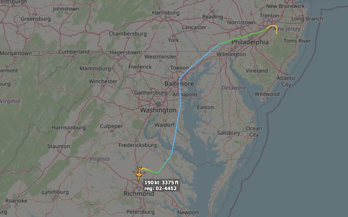 ArmchairAdml's tweet photo. #USAF United States Air Force
Boeing C-32B Gatekeeper 1x
#AE0449 02-4452 - ??? 058
A C-32B has departed McGuire AFB for some circuits at Richmond International Airport. I can't make out their callsign other than 058.
I had thought it might be REACH 1058 but as they appear to be training at Richmond I doubt it.
@JANN_IIS @sipjack1776