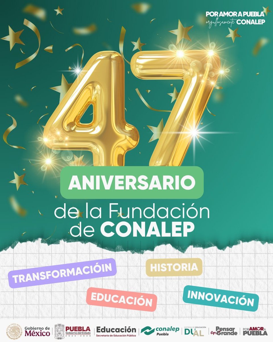 Conalep cumple 47 años de formación técnica que transforma vidas, con innovación y calidad educativa. 🎉💚
Avanzamos en sintonía con la visión humanista de Claudia Sheinbaum y Alejandro Armenta.

#CONALEP47Años #PorAmorAPuebla #PensarEnGrande