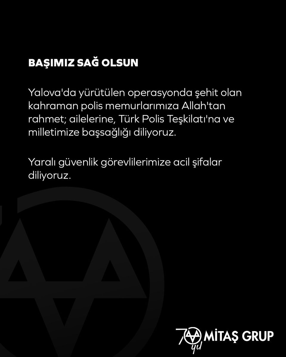 BAŞIMIZ SAĞ OLSUN

Yalova'da yürütülen operasyonda şehit olan kahraman polis memurlarımıza Allah'tan rahmet; ailelerine, Türk Polis Teşkilatı'na ve milletimize başsağlığı diliyoruz.

Yaralı güvenlik görevlilerimize acil şifalar diliyoruz.