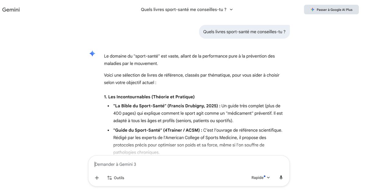fdrubigny's tweet image. #SEO #GEO J'ai demandé à #Gemini Quels livres sport-santé me conseilles-tu ?
Oh surprise ! Mon livre "La bible du sport-santé" est cité en premier par l'IA de Google 😃
Disponible sur Amazon ici : amzn.eu/d/griJDbF
