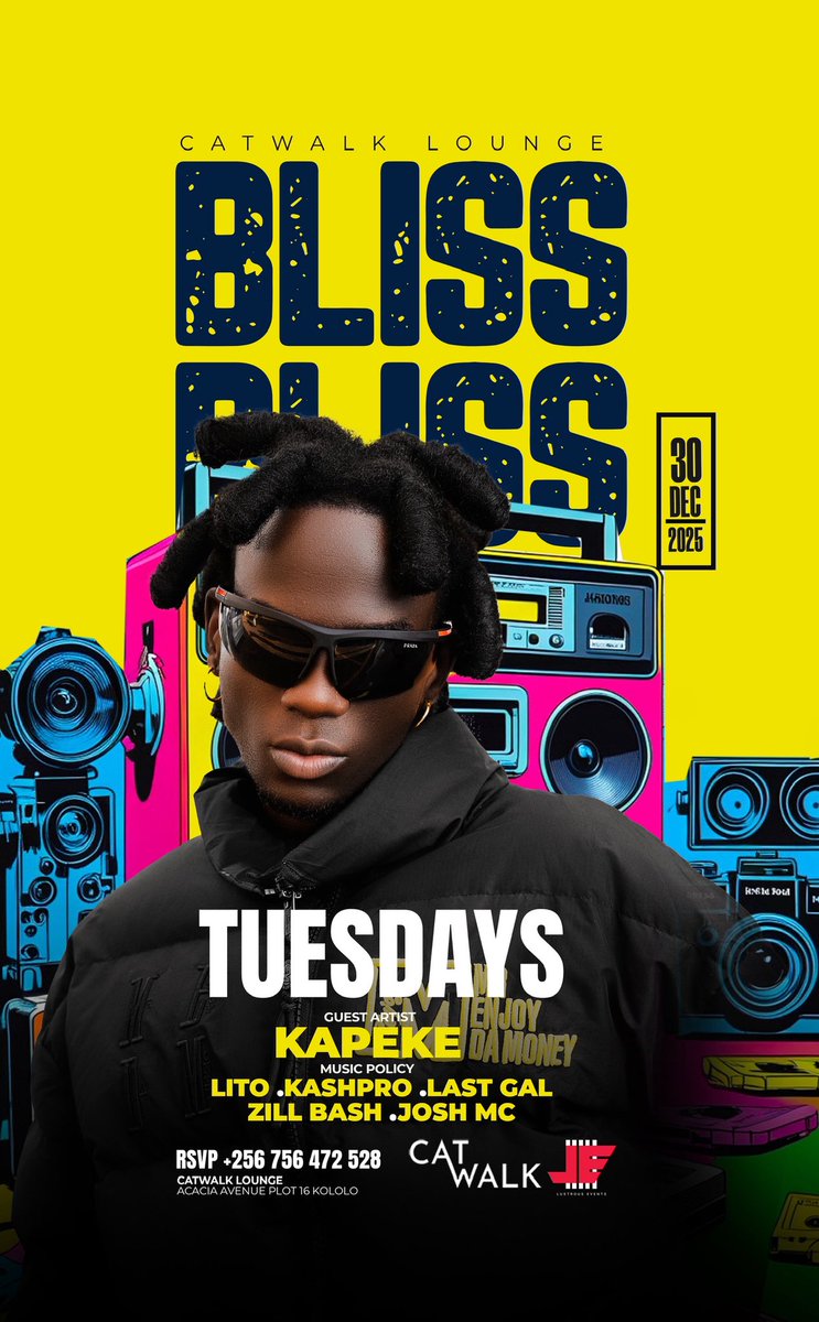 BadBoy Kapeke is performing live this coming Tuesday.
Bliss Tuesdays at Catwalk Lounge.
📞 Table reservations: +256 756 472 528
#BlissTuesdays