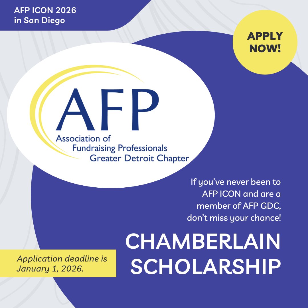 LAST CALL! Apply by Jan. 1!
Each year, the AFP Foundation offers the Chamberlain Scholarship to help outstanding AFP members attend their 1st AFP ICON. AFP GDC is excited to name its next recipient, who will attend AFP ICON in San Diego. Visit tinyurl.com/afpgdcchamberl… for details!