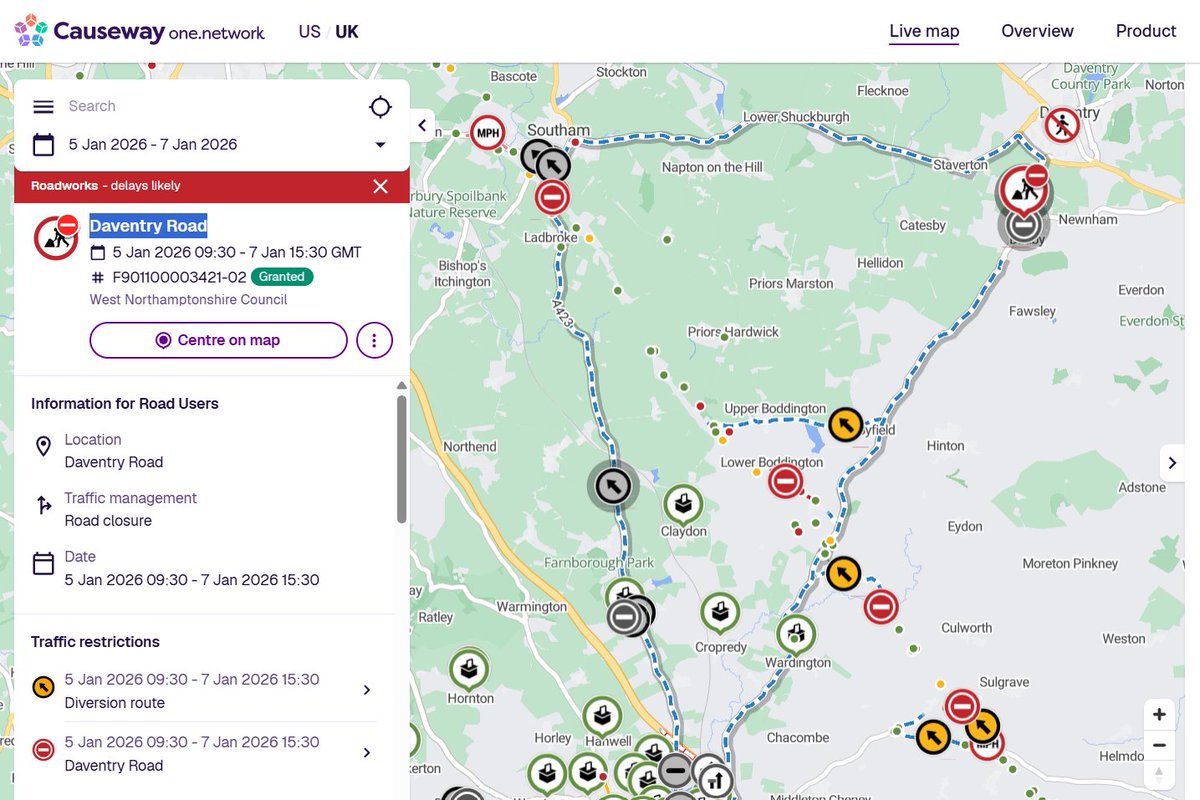🚧 Roadworks update: Daventry Rd will be closed for 𝟯 𝗱𝗮𝘆𝘀 (𝟵:𝟯𝟬𝗮𝗺 - 𝟯:𝟯𝟬𝗽𝗺) from 𝟱 𝗝𝗮𝗻 𝟮𝟬𝟮𝟲 for post &amp; rail repairs by West Northamptonshire Council.
View the diversion here 👉 one.network/?tm=GB146249217
Info: Eva Jennings ☎️ 01604 529700