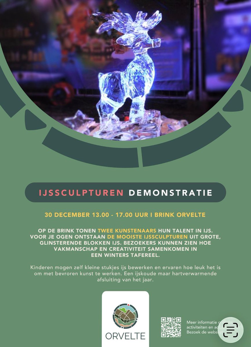 30 december in Orvelte 
IJssculpturen #bewonderen #zelfdoen #sfeer #verlichting 
 informatie centrum open 
Horeca open en leuke winkeltjes