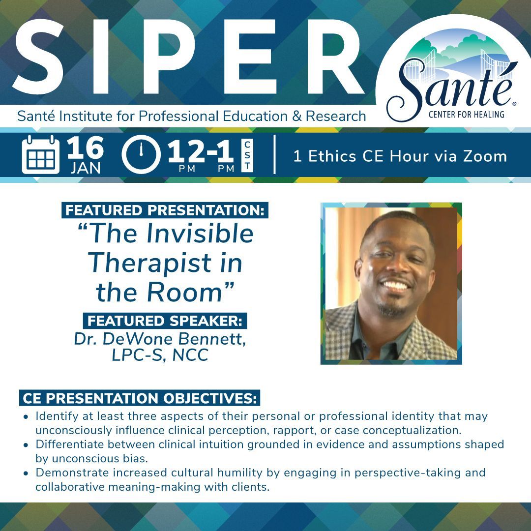 SanteCenter's tweet photo. UPCOMING EVENT: The Invisible Therapist in the Room
1-Hour Virtual CE Event
🆁🅴🅶🅸🆂🆃🅴🆁: 
https://t.co/c1PiyD1ws0
#MentalHealth #CEevents #therapist #education #santecenter https://t.co/8siF480KvQ