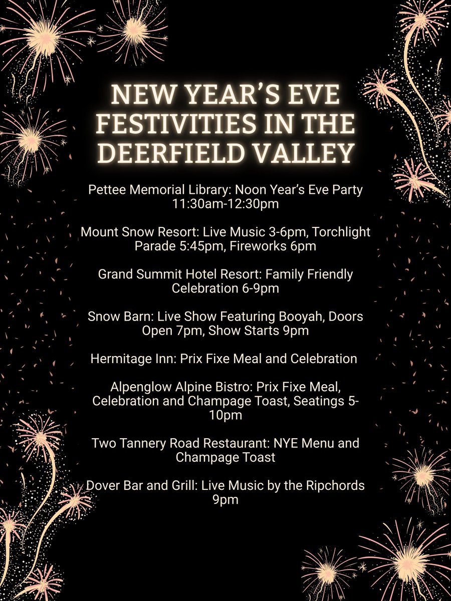 However you like to celebrate, the Deerfield Valley has you covered. Ring in the New Year with great food, fun events, and festive vibes 🎉

🔗 visitvermont.com/new-years-eve-…
#visitvermont #wherevermontingbegins #sovermontnye