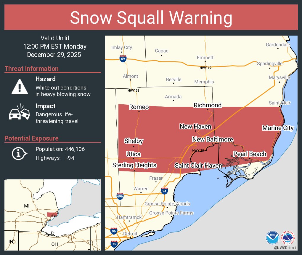 A snow squall warning is in effect until 12:00 PM EST for I-94 near Detroit, MI.
