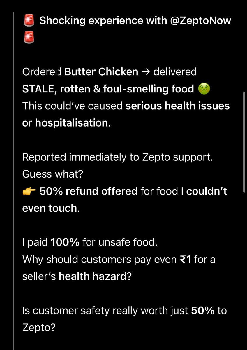 karshit1's tweet photo. 🚨 @ZeptoNow delivered stale, foul-smelling Butter Chicken — a serious health risk.
Reported immediately, yet I was offered only a 50% refund for food I couldn’t consume at all.

If I paid 100%, why should I bear any loss for unsafe food?

#ZeptoFail #FoodSafety #CustomerRights https://t.co/g1YPSp8wBA