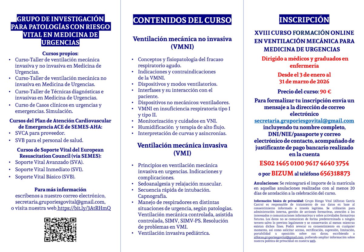 grvformacion's tweet photo. Continúa abierta la inscripción para la 18ª edición de nuestro curso online de ventilación mecánica, que comienza el 3 de enero. Info y matrícula en secretaria.gruporiesgovital@gmail.com https://t.co/SdDDBDCcnk