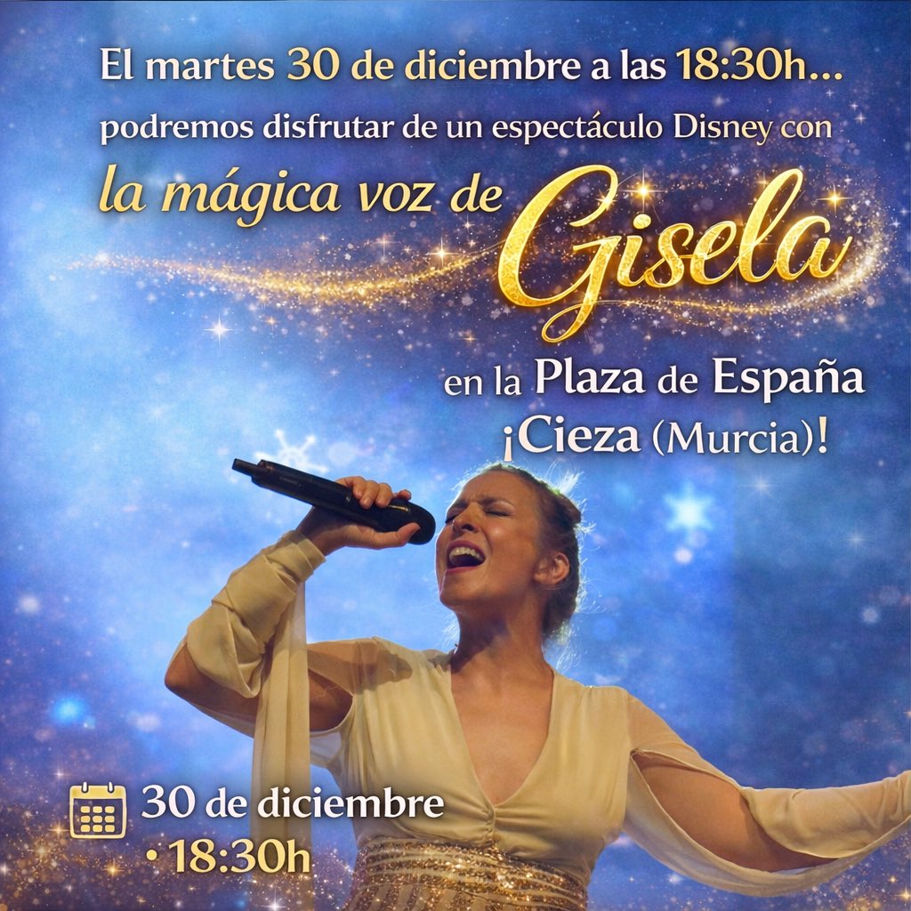 Mañana a las 18:30h <a href="/giselaoficial/">Gisela</a> continuará repartiendo magia en su gira navideña. Esta vez será en la Plaza de España de Cieza (Murcia). ¡No os lo perdáis! #Gisela #singer #actress #GiselaEnDirecto #Cieza