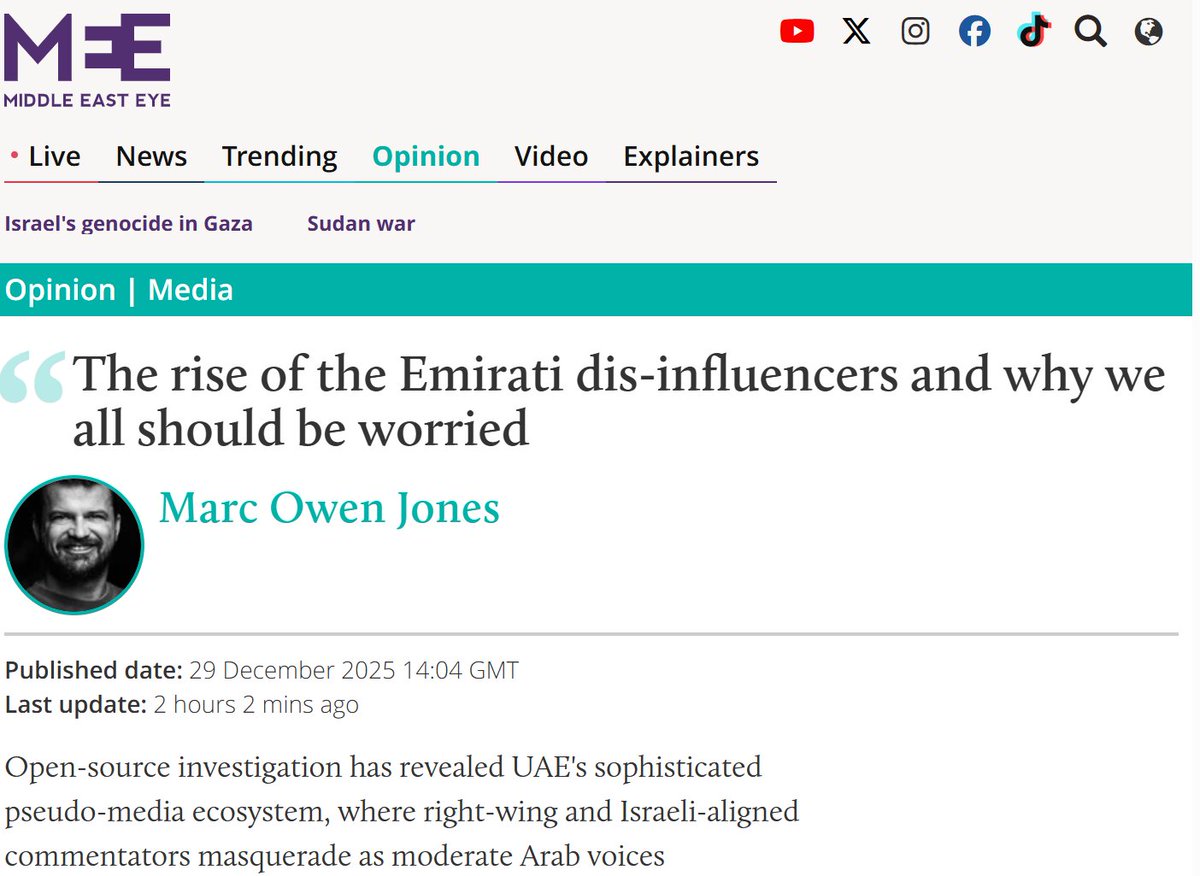 My latest for <a href="/MiddleEastEye/">Middle East Eye</a> 'The rise of the Emirati dis-influencers &amp; why we all should be worried.

My investigation has revealed UAE-aligned pseudo-media ecosystem, where right-wing &amp; Israeli-aligned commentators masquerade as moderate Arab voices'

middleeasteye.net/opinion/rise-o…