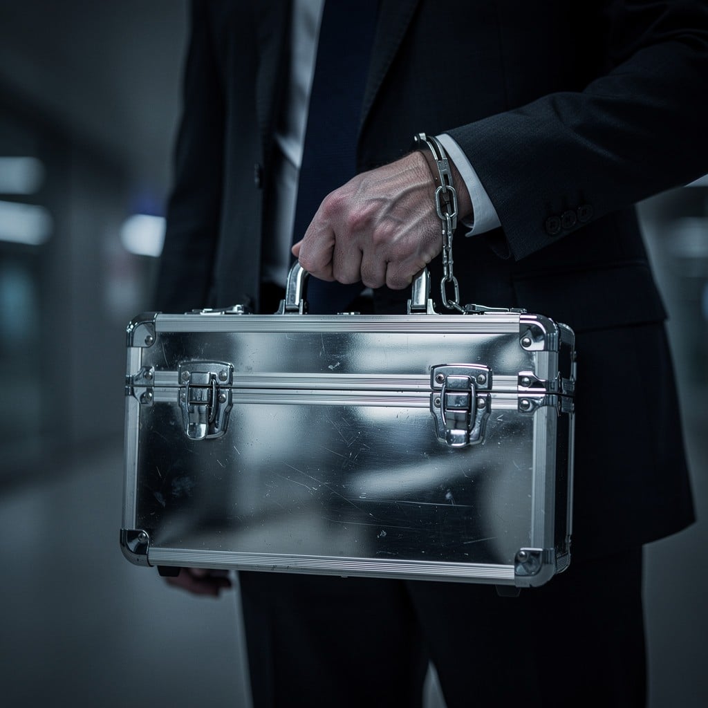 stockcake_com's tweet image. #Secure #Briefcase Transport: A #mystery man in a dark suit securely transports a shiny #metallic briefcase handcuffed to his wrist for #protection. #handcuffs #security #aiart #aiphoto #stockcake ⬇️ Download and 📝 Prompt 👉 stockcake.com/i/secure-brief…