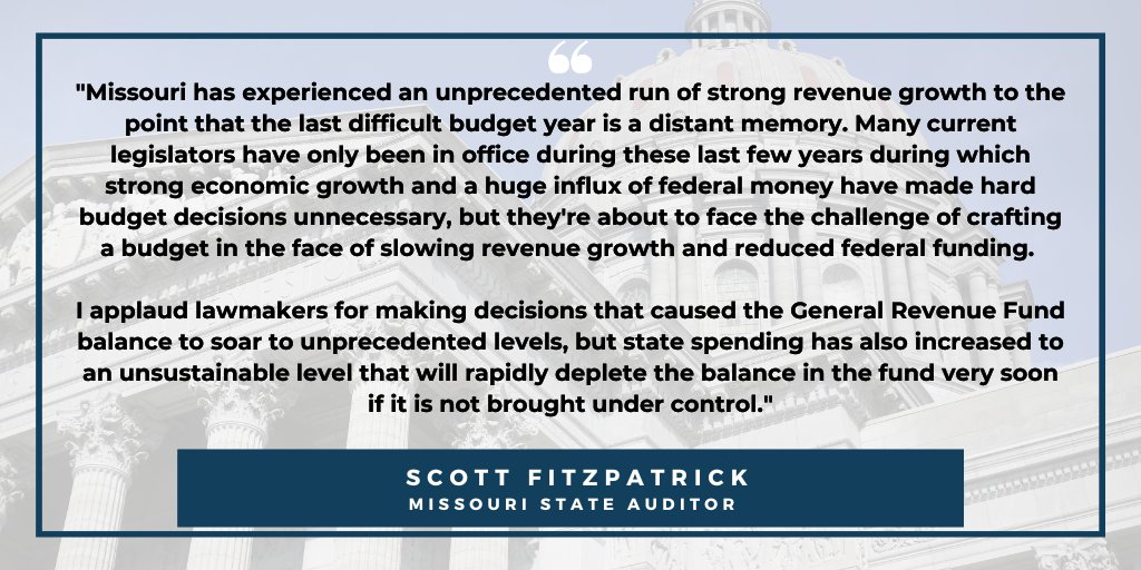 Auditor_Fitz's tweet image. As lawmakers prepare to return to Jefferson City for the 2026 legislative session, Auditor Fitzpatrick is urging them to take immediate action to curb the trend of deficit spending before the state's General Revenue Fund is drained to critically low levels and drastic, emergency…