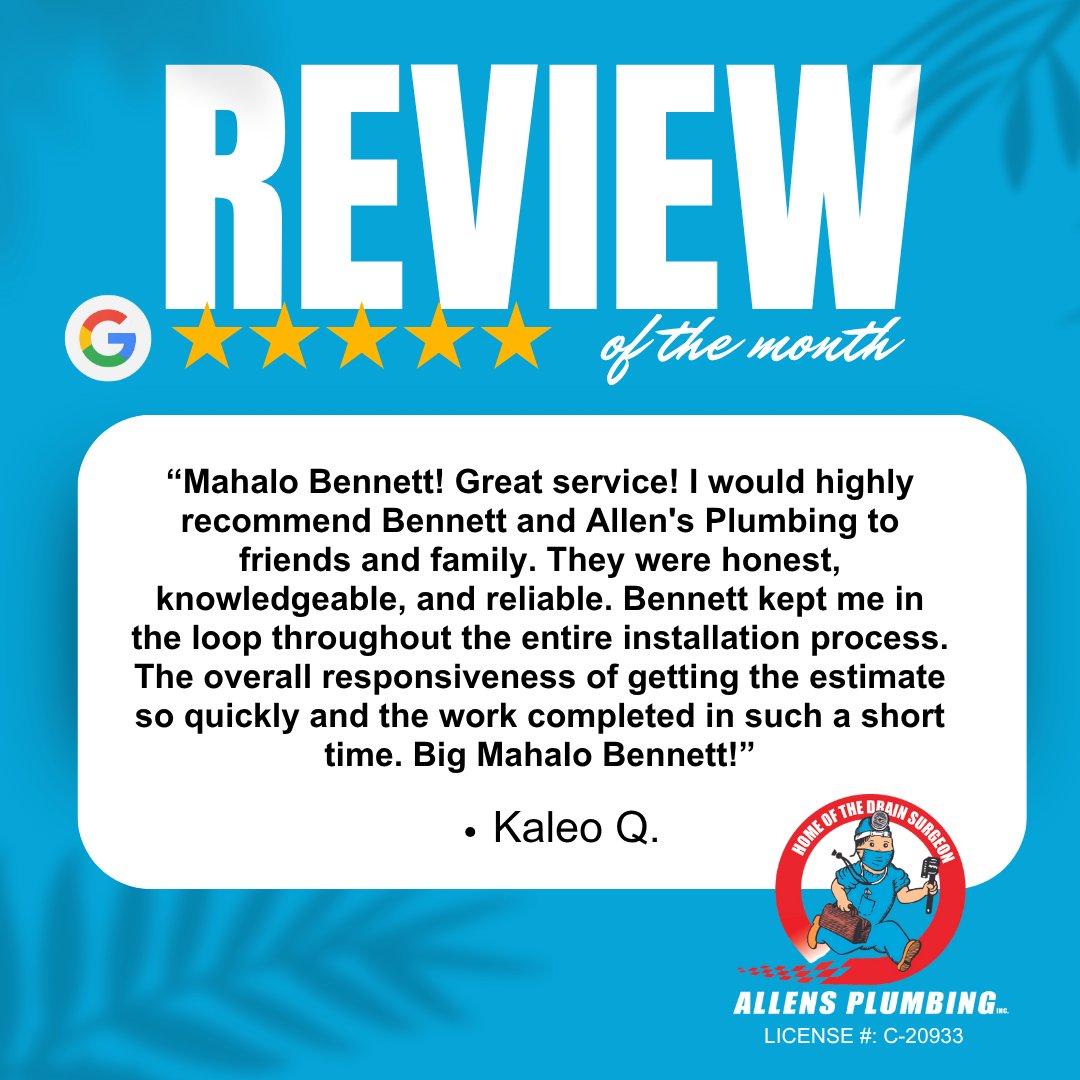 Mahalo, Kaleo! 🌺 We’re thrilled to hear about your great experience with Bennett and the team. Your kind words mean a lot — we’re proud to provide honest, reliable, and knowledgeable service to our customers. 🤙💧

#AllensPlumbing #CustomerPraise #PlumbingWithAloha #HawaiiHomes