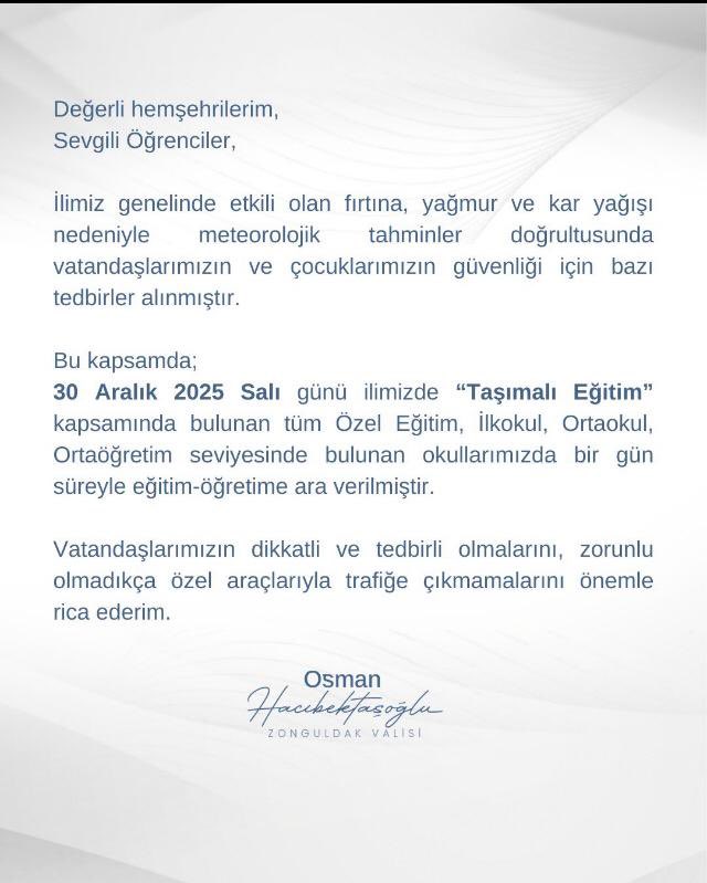 İlimiz genelinde olumsuz hava koşulları nedeniyle, taşımalı eğitime bir gün ara verildi.