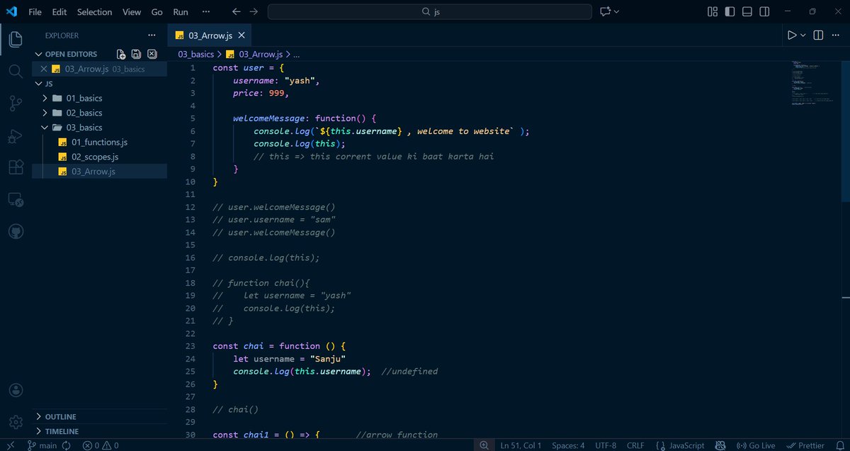 devyash_01's tweet photo. 📌JavaScript Arrow Function  Day

✔ this keyword inside objects  
✔ Normal function vs Arrow function  
✔ Arrow function doesn’t have its own this  
✔ Implicit return () vs {} 

Consistency > Motivation🔥
Right guidance makes learning easy. @Hiteshdotcom
🍵♥️ Thanks You Sir https://t.co/aFthlwfawx