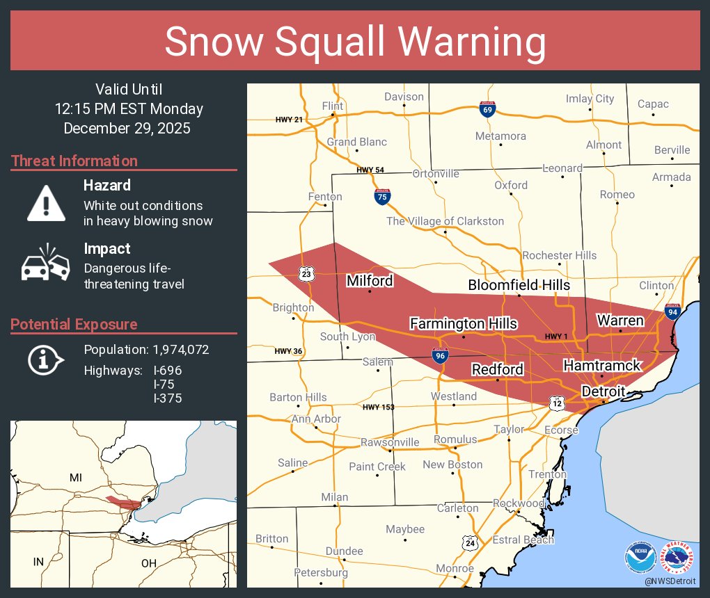 A snow squall warning is in effect until 12:15 PM EST for I-375, I-696, I-75, I-94 near Detroit, MI and US-23 near South Lyon--Howell, MI.