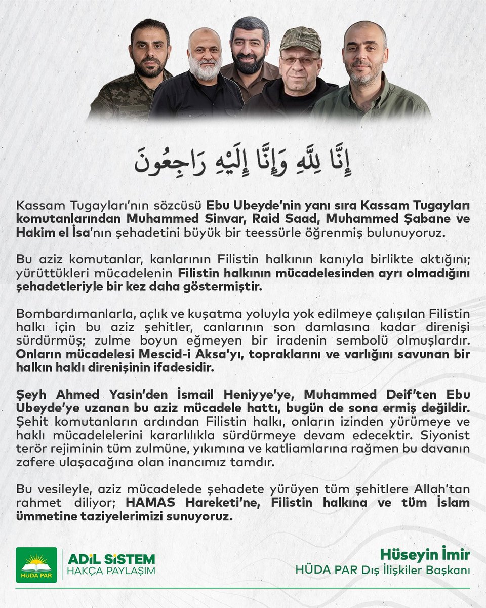 Şehadetiniz mübarek olsun...
Ey İslam ümmetinin aziz evlatları...