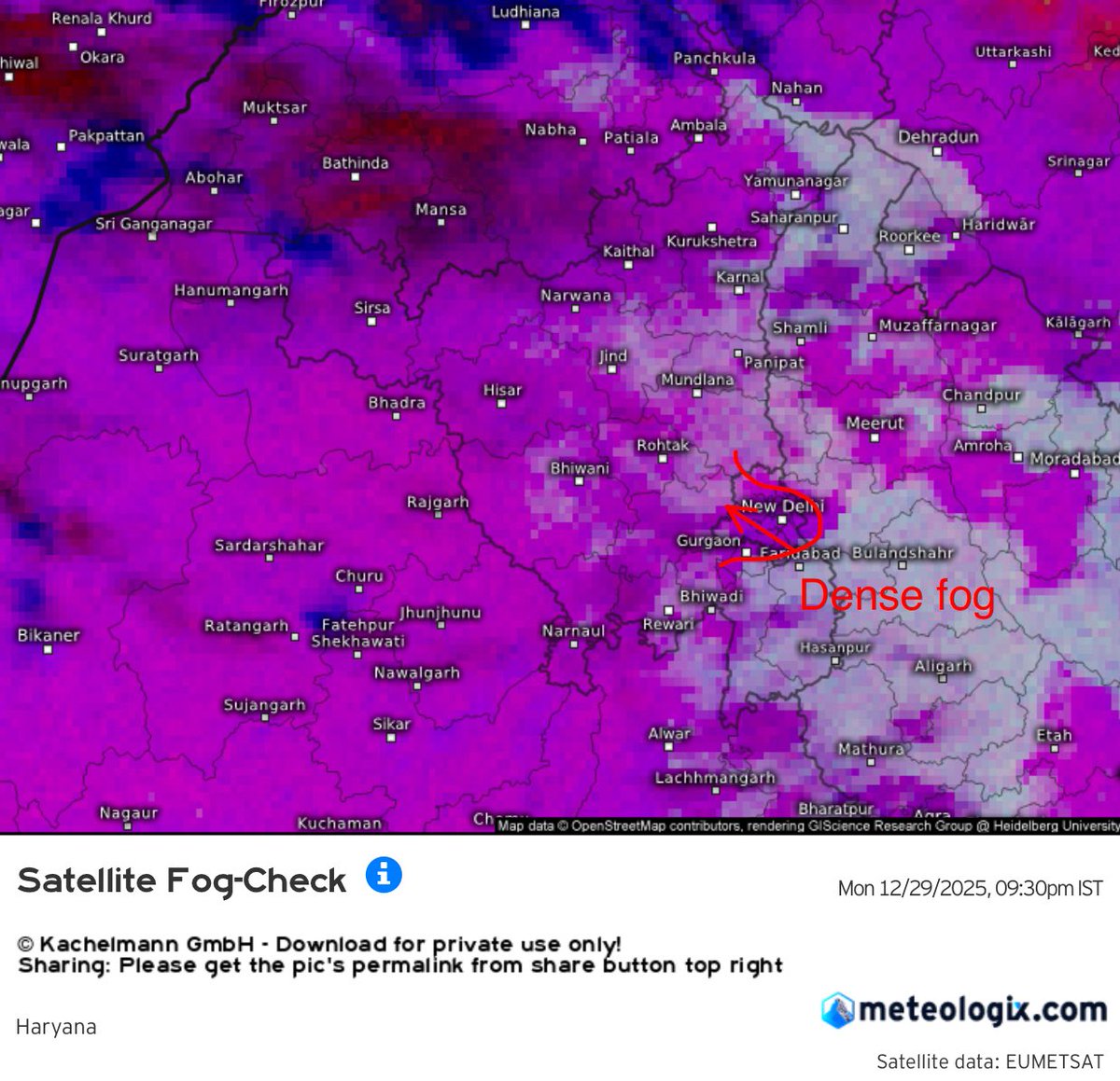 indiametsky's tweet image. Dense surface warning ⚠️ 
Dense Fog is rapidly developing on all side of #NCR but quick expansion is seem from Southern side. Moderate to Dense surface Fog will expand into #Faridabad, #SouthDelhi, #Gurgaon, #CentralDelhi, #Noid, #Ghaziabad and other Northern areas of Delhi in